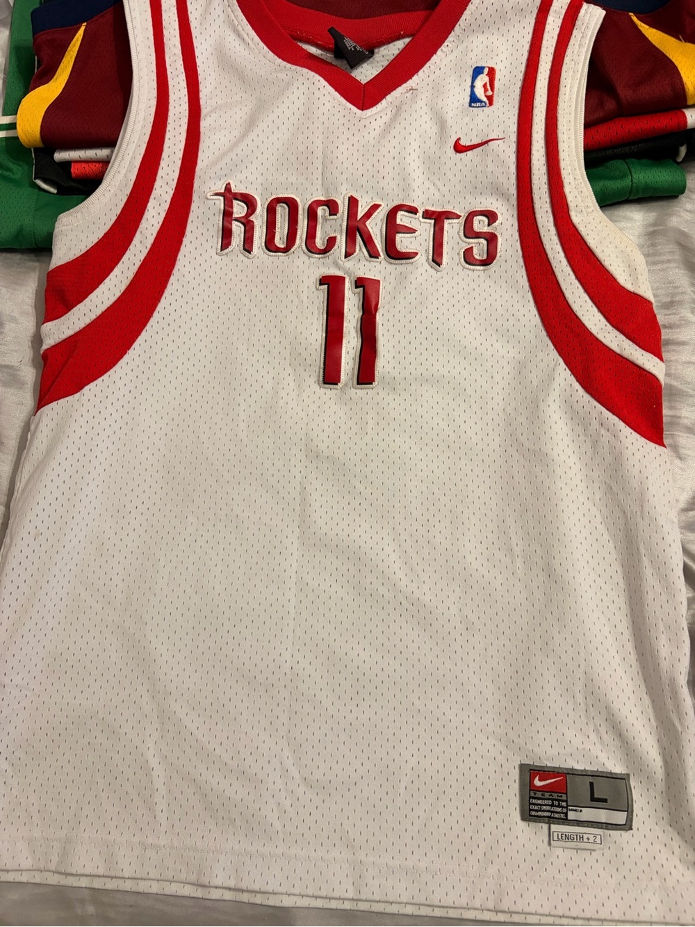Nike White and Red Rockets #11 Basketball Jersey